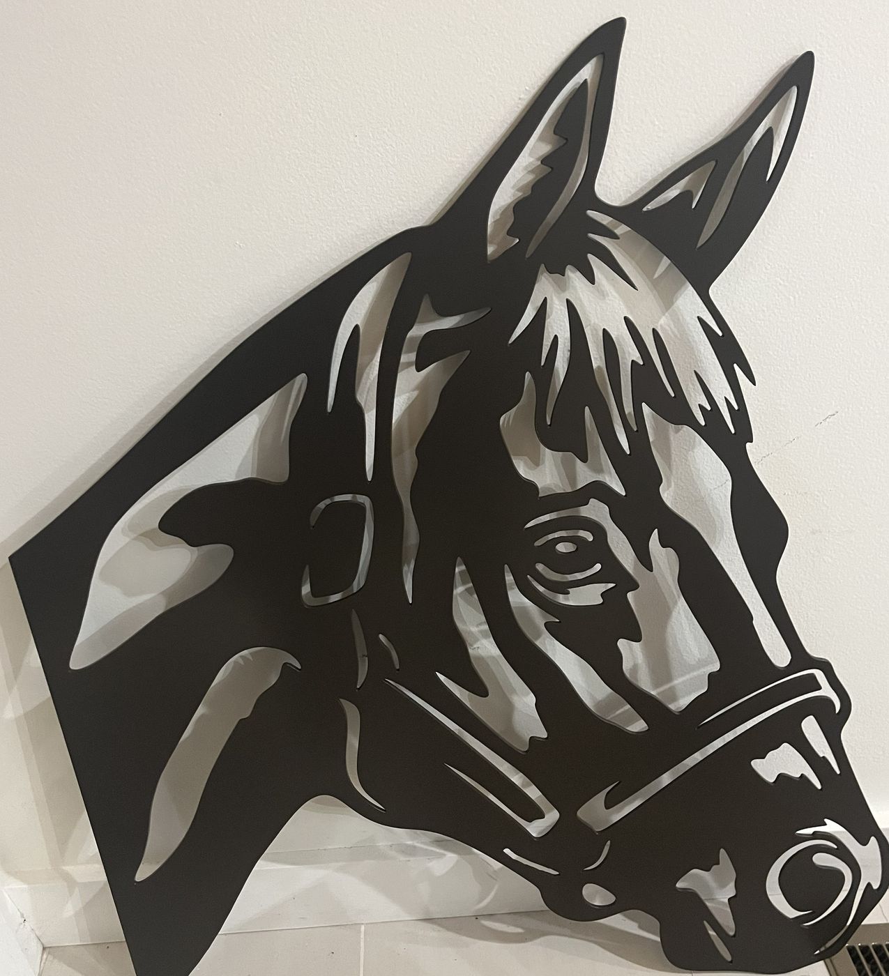 Plasma-cut steel horse head wall art in satin black